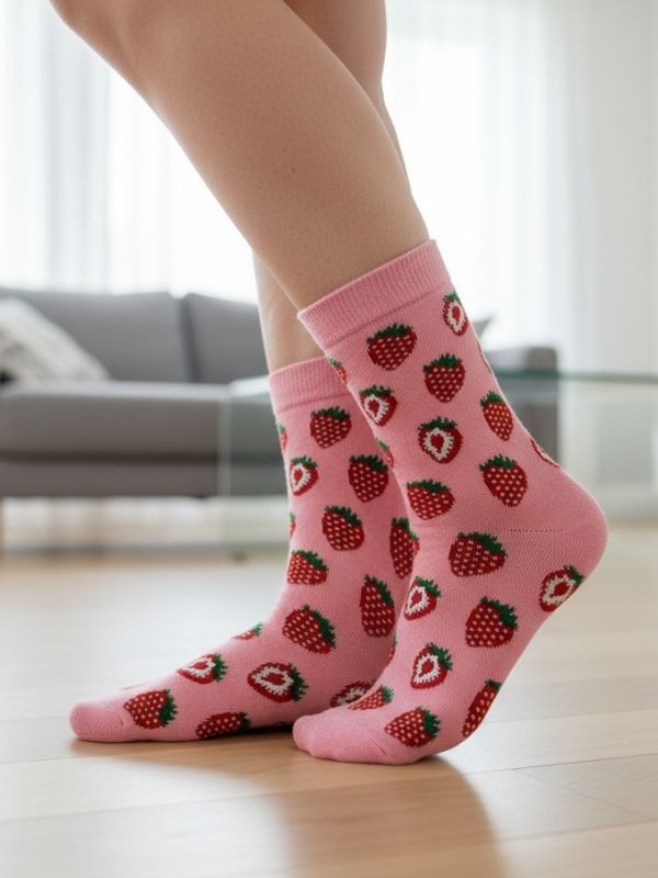 Pembe Çilek Yaz Renkli Tasarım Soket Çorap Pembe Çilek Yaz Renkli Tasarım Soket Çorap - Görsel 1