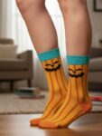 Turuncu Şeritli Bal kabağı Desenli Halloween Soket Çorap